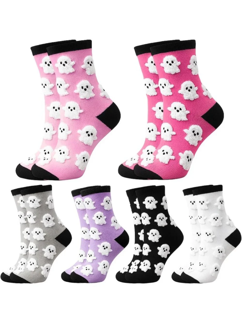 Cute Ghost Halloween Socks for Women - 6 Pairs Fuzzy Cotton Crew, Spooky Fun